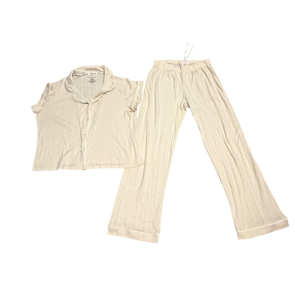 Rachel Zoe Womens Cream Pointelle Pajama Set Short Sleeve Top Pants Medium
